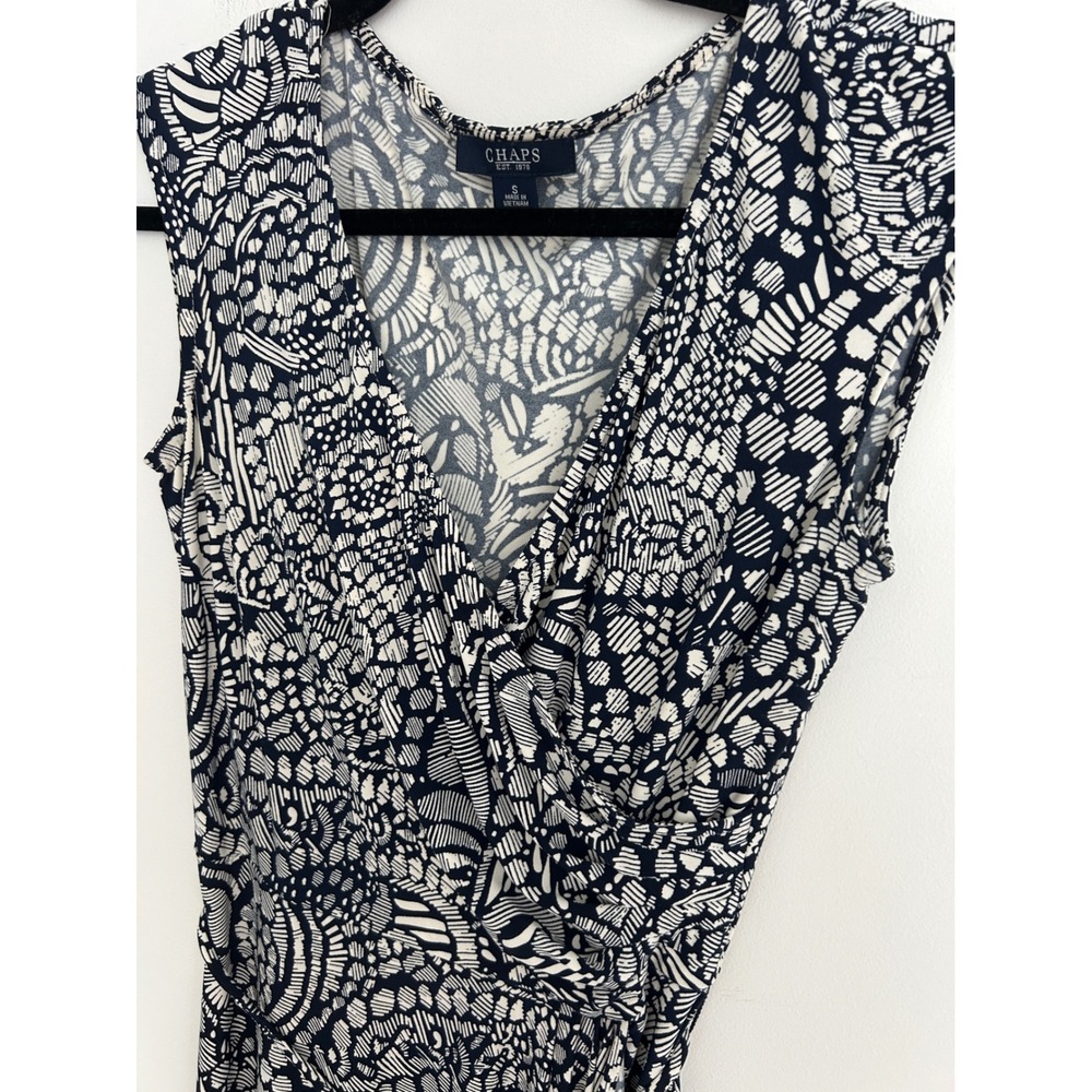 Chaps Womens Navy Blue White Abstract Print Sleeveless Faux Wrap Dress Small - Picture 3 of 10